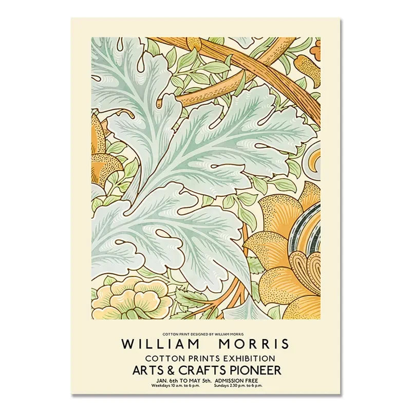 Poster for William Morris Cotton Prints Exhibition with floral design