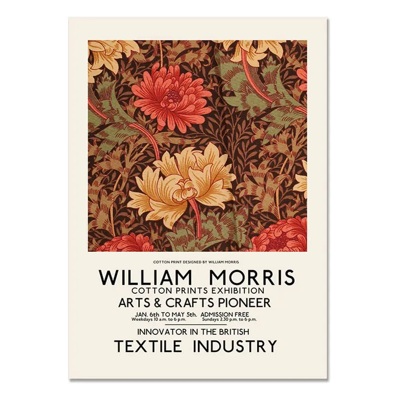 Poster for William Morris exhibition with floral design and text about his contributions to the textile industry.
