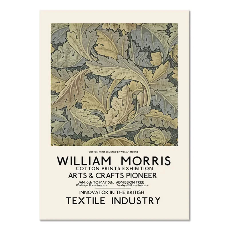 Poster featuring William Morris' textile design with text about his contributions to the Arts & Crafts movement.