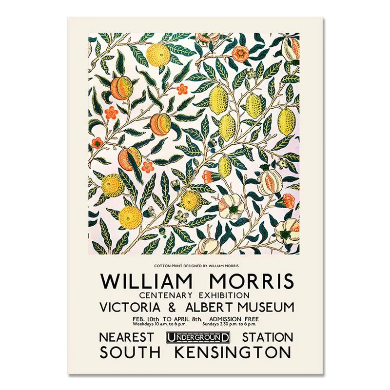 Poster with floral design and text about William Morris exhibition at Victoria & Albert Museum