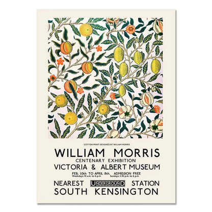 Poster with floral design and text about William Morris exhibition at Victoria & Albert Museum