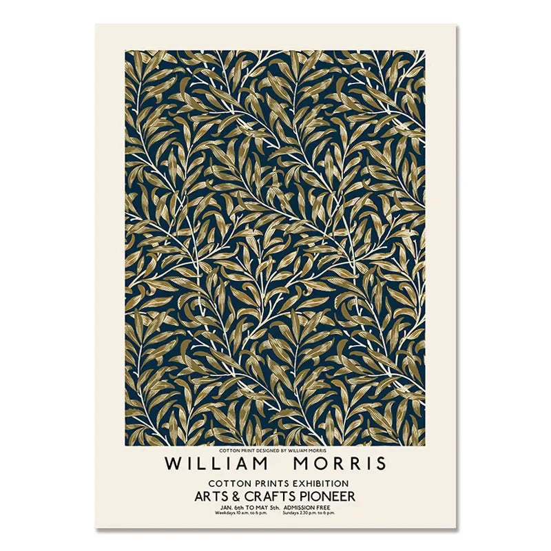 Poster with leaf pattern and text about William Morris on a white background