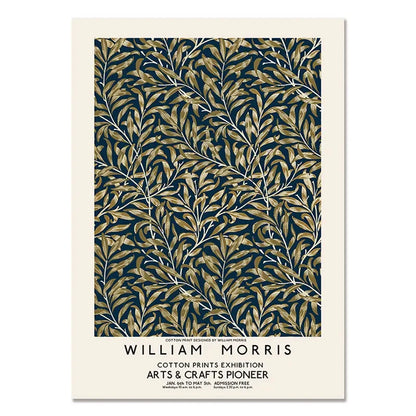 Poster with leaf pattern and text about William Morris on a white background