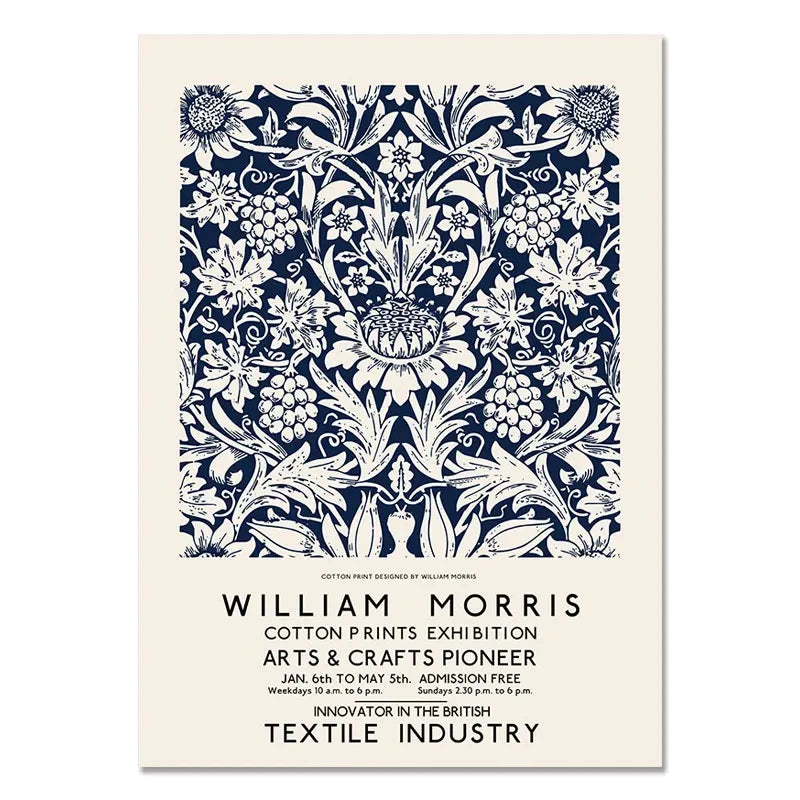 Poster with decorative floral pattern and text about William Morris on a white background