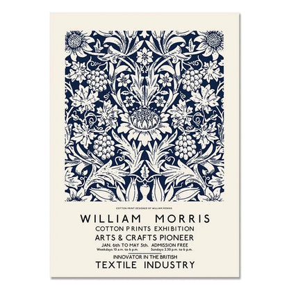 Poster with decorative floral pattern and text about William Morris on a white background