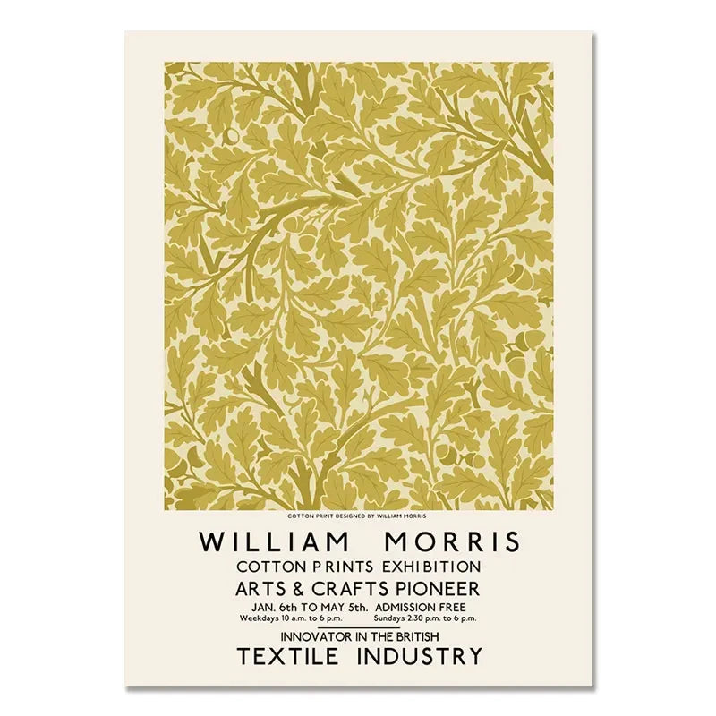 Poster with William Morris pattern and text about his cotton prints exhibition.