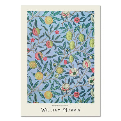 Floral pattern with leaves and fruits on a blue background, designed by William Morris.