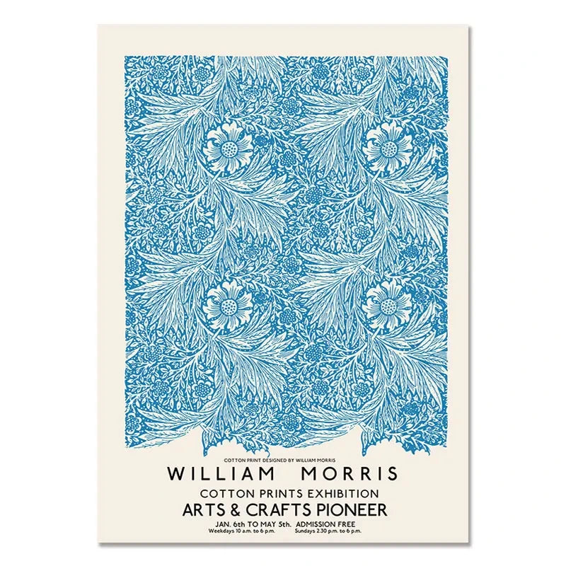 Poster with blue floral pattern and text about William Morris and a cotton prints exhibition.
