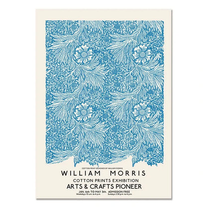Poster with blue floral pattern and text about William Morris and a cotton prints exhibition.