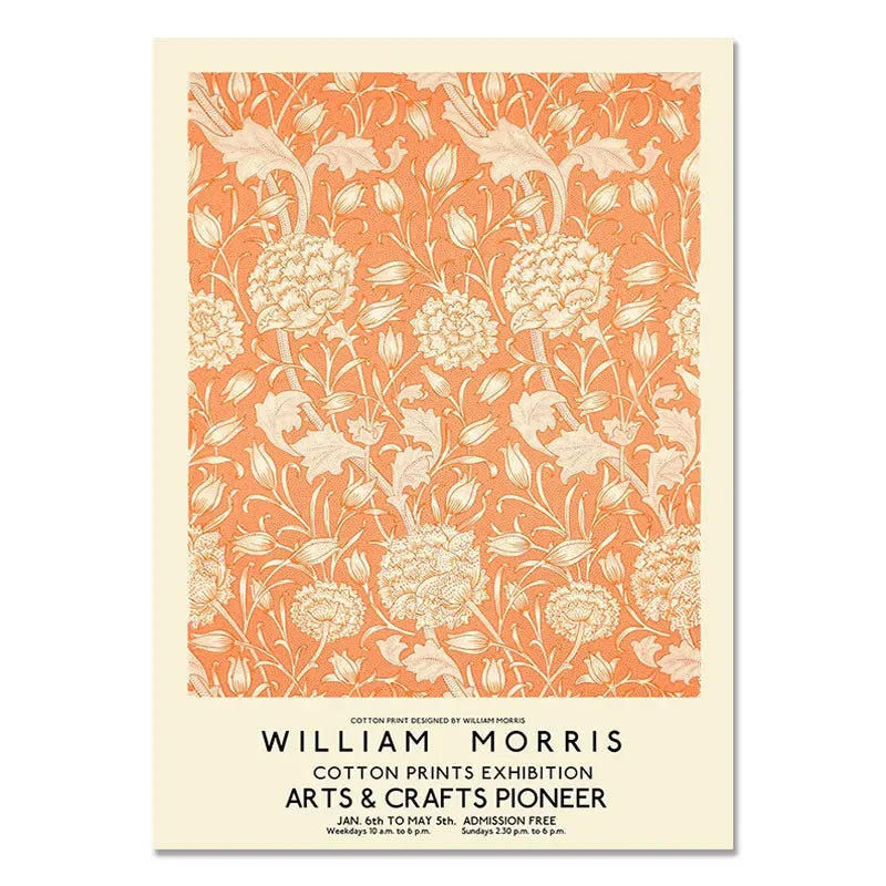 Poster with floral pattern and text about William Morris and a cotton prints exhibition.