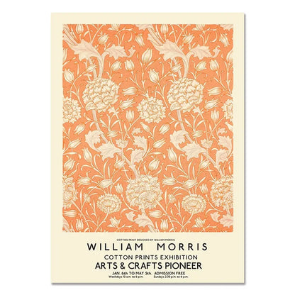 Poster with floral pattern and text about William Morris and a cotton prints exhibition.