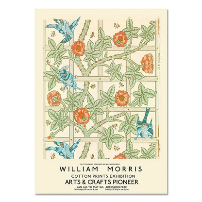 Poster for William Morris Cotton Prints Exhibition with floral design and birds.