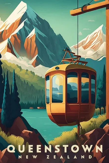 Vintage-style poster of a cable car in Queenstown, New Zealand with mountains and lake in the background.