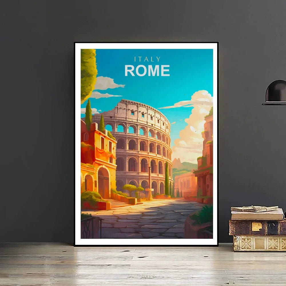 Framed poster of the Colosseum in Rome on a dark wall.