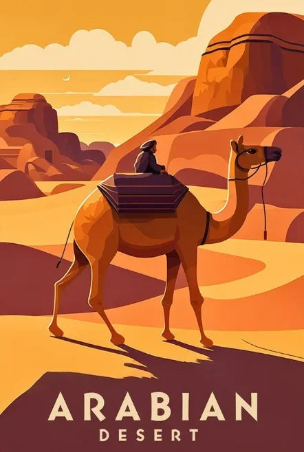 Illustration of a camel and rider in the Arabian Desert with mountains and sunset.