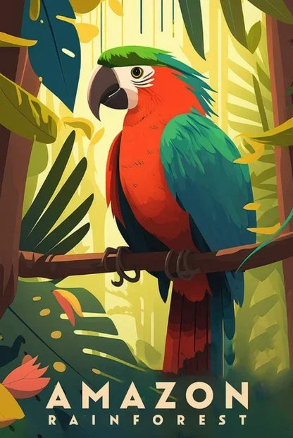 Colorful parrot on a branch with Amazon Rainforest text