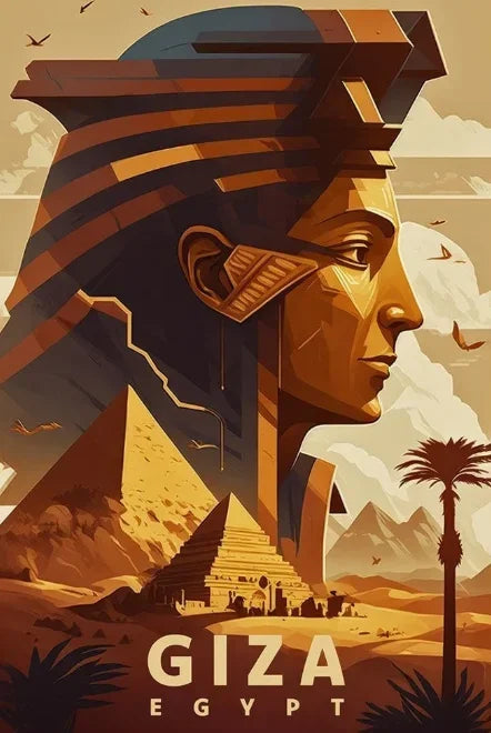 Illustration of a sphinx with pyramids and palm trees in the background, labeled 'Giza Egypt'.