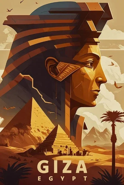 Illustration of a sphinx with pyramids and palm trees in the background, labeled 'Giza Egypt'.