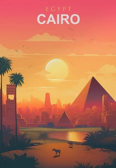Illustration of pyramids and palm trees with a sunset sky, labeled 'Egypt Cairo'.