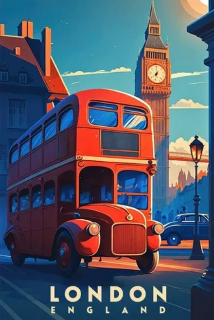 Illustration of a red double-decker bus in front of Big Ben in London, England.