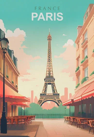 Illustration of the Eiffel Tower in Paris with a street lamp and cafe tables in the foreground.