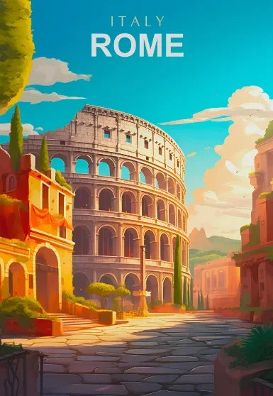 Illustration of the Colosseum in Rome with a clear blue sky.