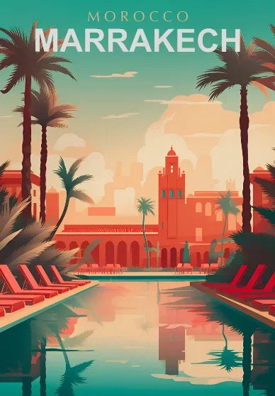 Illustration of a pool scene with palm trees and a building in Marrakech, Morocco.