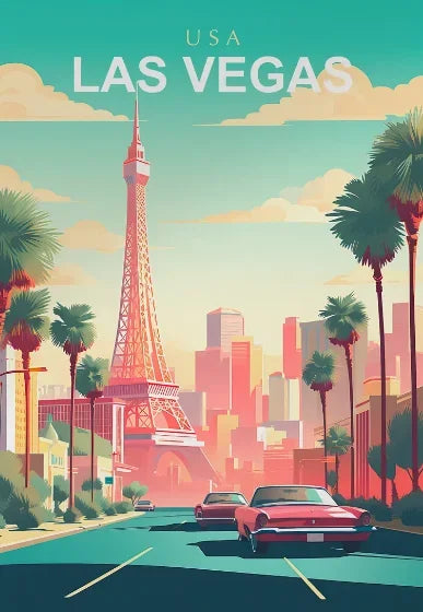 Illustration of Las Vegas with the Eiffel Tower and palm trees.