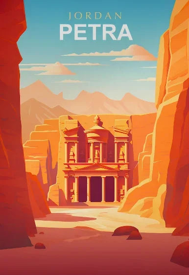 Illustration of the Treasury at Petra, Jordan with mountains in the background.