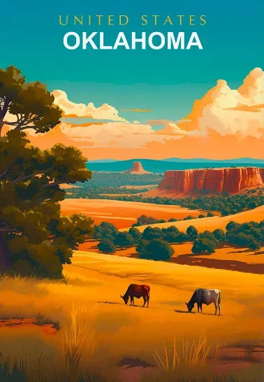 Scenic view of Oklahoma with cows grazing, trees, and cliffs.