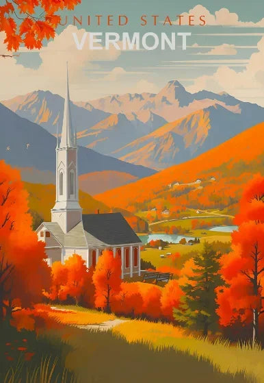 Vermont landscape with a church and autumn foliage, styled like a vintage travel poster.