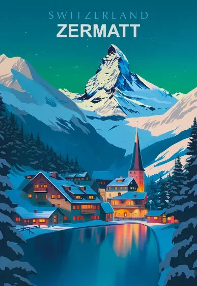 Illustration of Zermatt, Switzerland with a mountain, village, and lake.