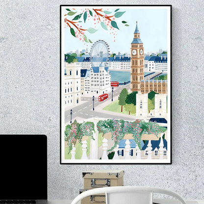 Framed artwork of a cityscape with a clock tower, bus, and trees on a gray wall.