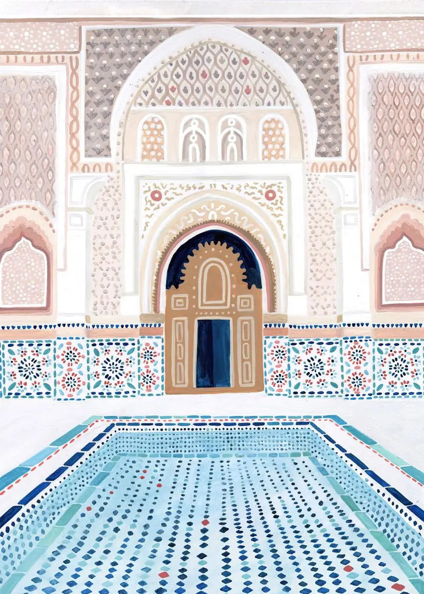 Decorative pool with intricate tile work and arches