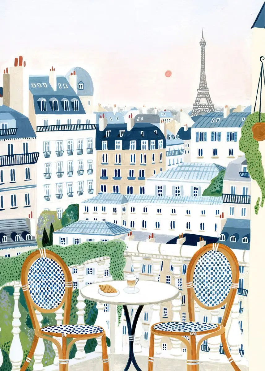 Illustration of a Parisian scene with chairs, table, and Eiffel Tower.