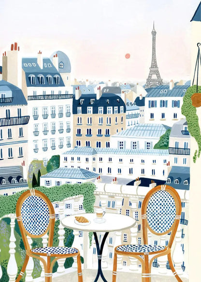 Illustration of a Parisian scene with chairs, table, and Eiffel Tower.