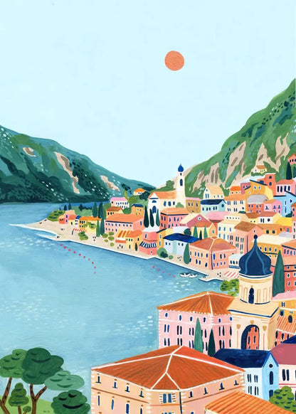 Illustration of a coastal town with buildings, a church, and mountains under a red sun.