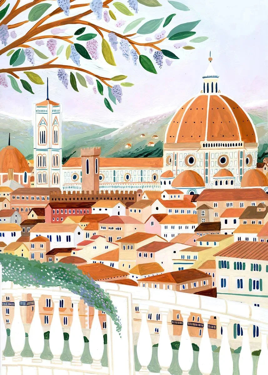 Illustration of a scenic cityscape with a prominent dome and trees.