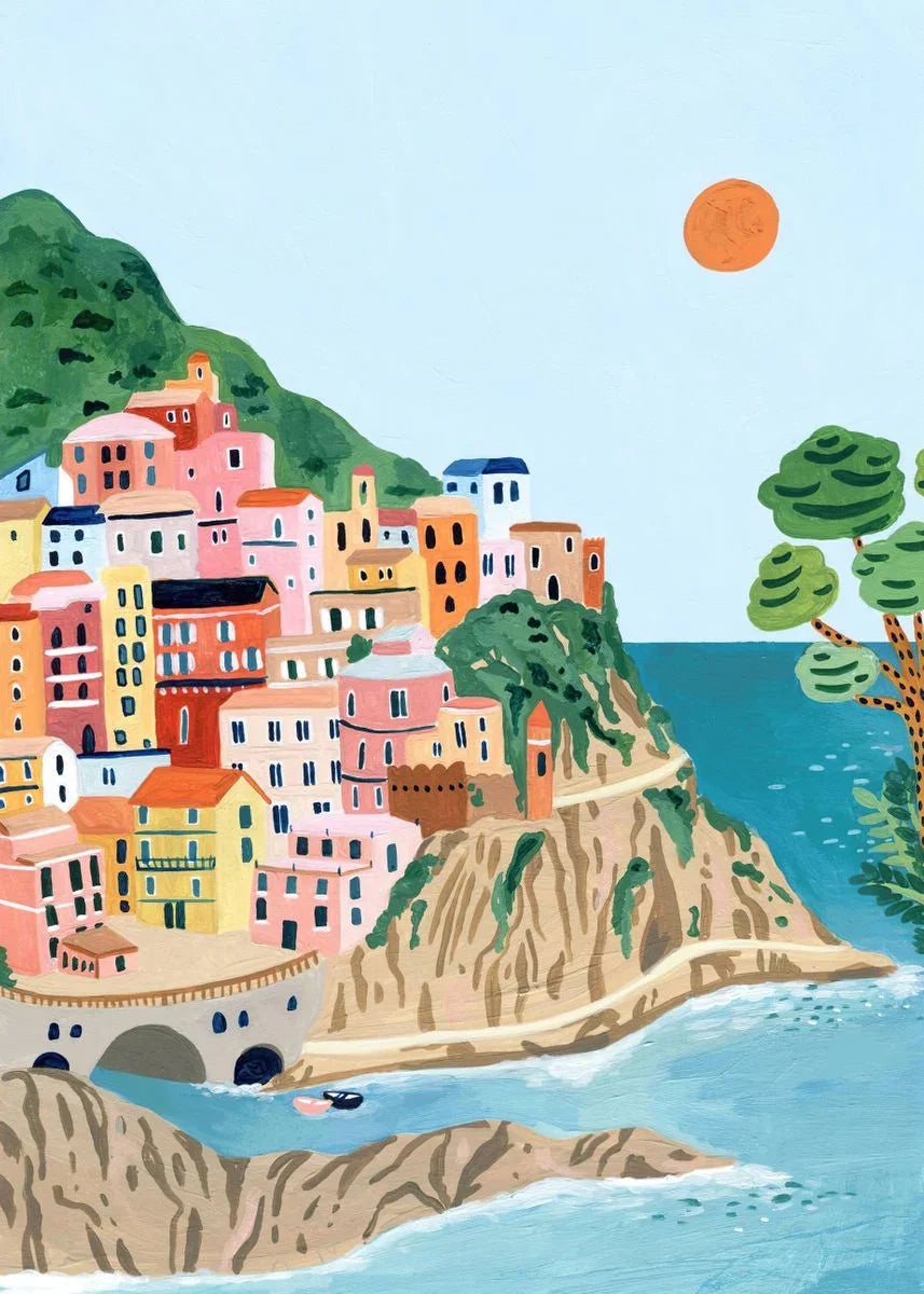 Colorful coastal town illustration with houses, trees, and a mountain.