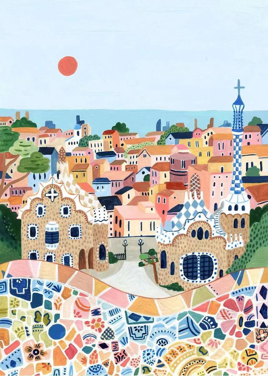 Colorful illustration of a town with unique architecture and a mosaic pattern.