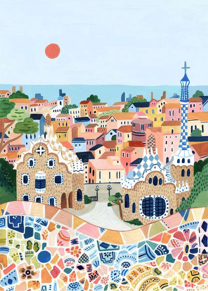 Colorful illustration of a town with unique architecture and a mosaic pattern.