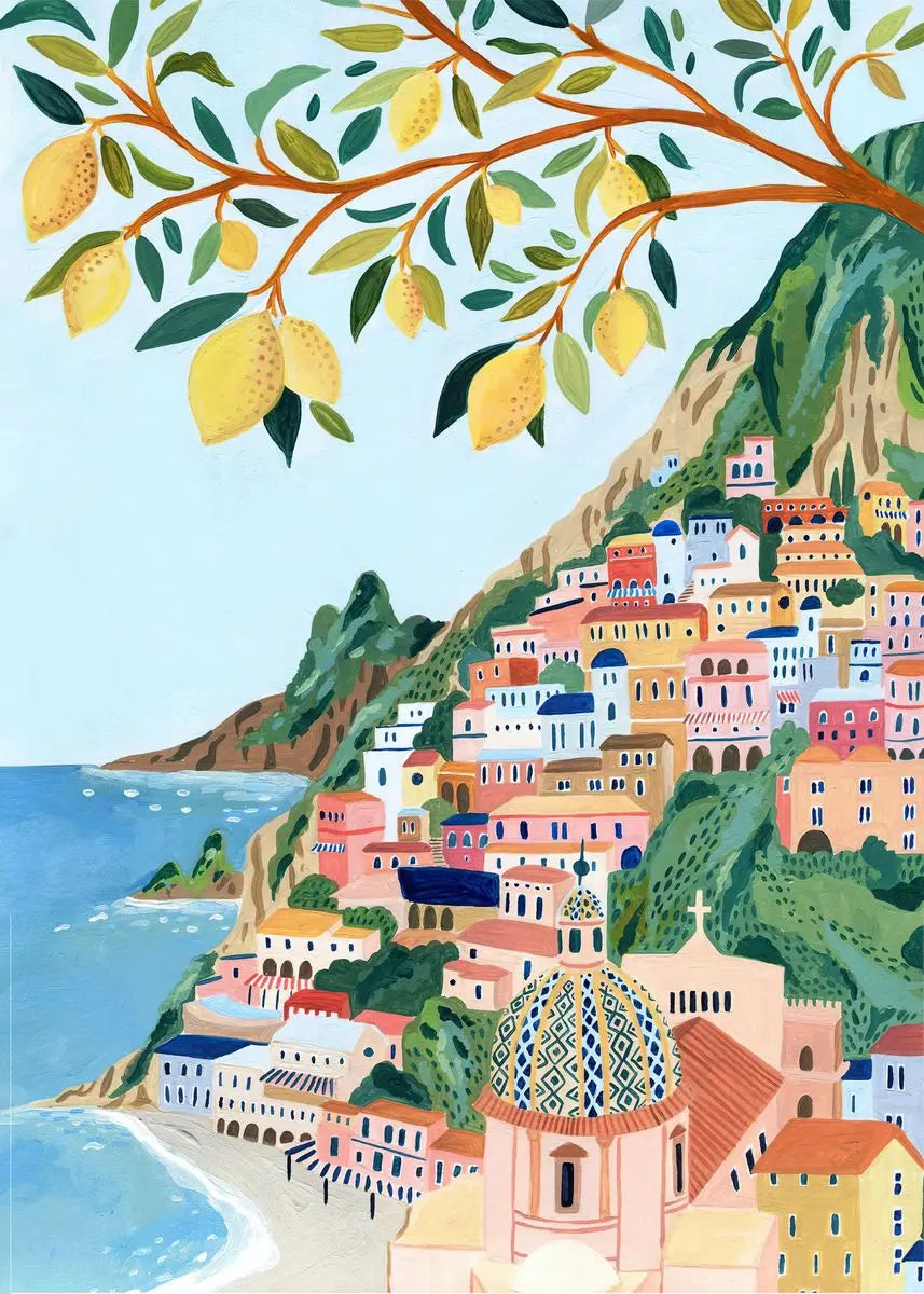 Colorful coastal town with buildings and a lemon tree with lemons on a blue sky background