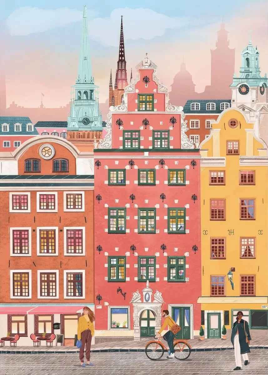 Illustration of colorful buildings with people walking and cycling on a street.