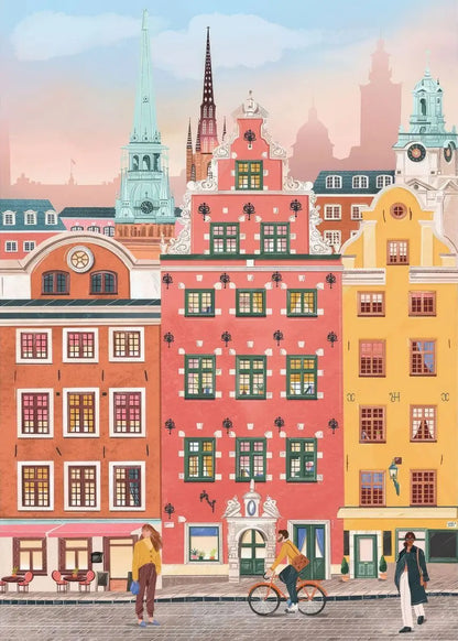 Illustration of colorful buildings with people walking and cycling on a street.