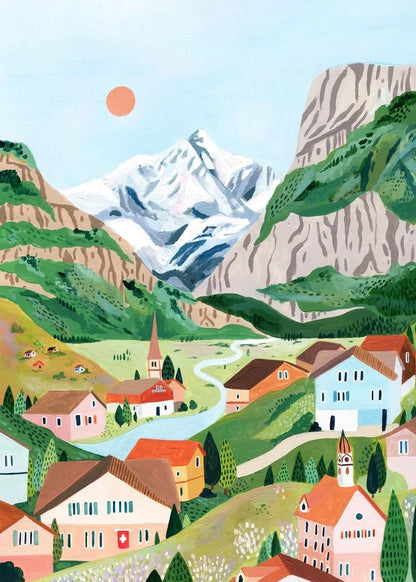 Illustration of a village with houses and mountains in the background