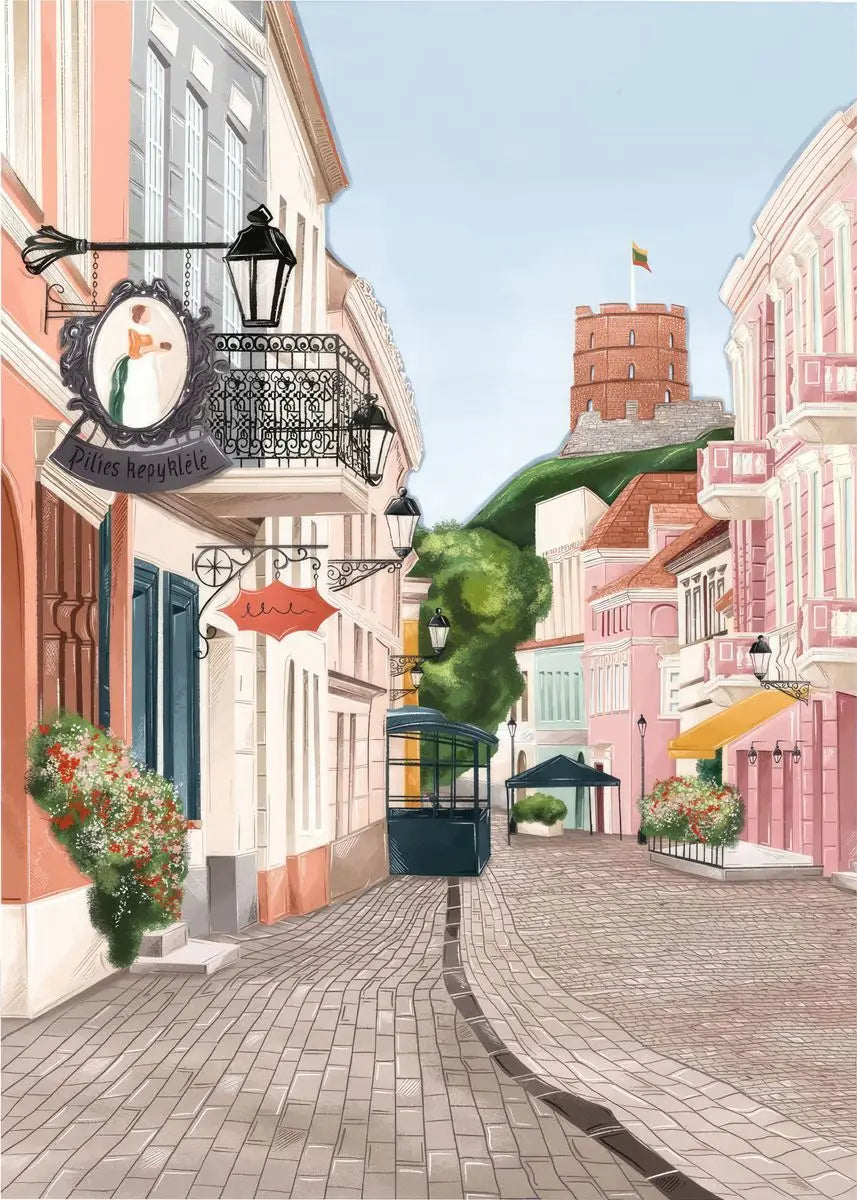 Illustration of a quaint European street with colorful buildings and a cobblestone path.