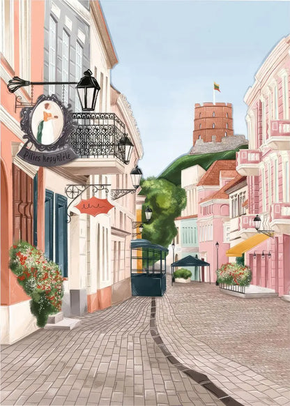 Illustration of a quaint European street with colorful buildings and a cobblestone path.