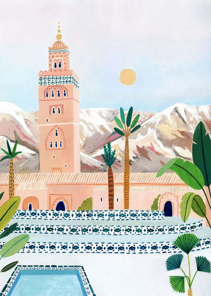 Illustration of a mosque with minaret, palm trees, and mountains in the background.