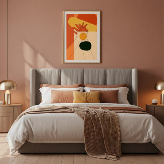 Modern bedroom with a bed, nightstands, and wall art in a warm color scheme. Canvas & Curio