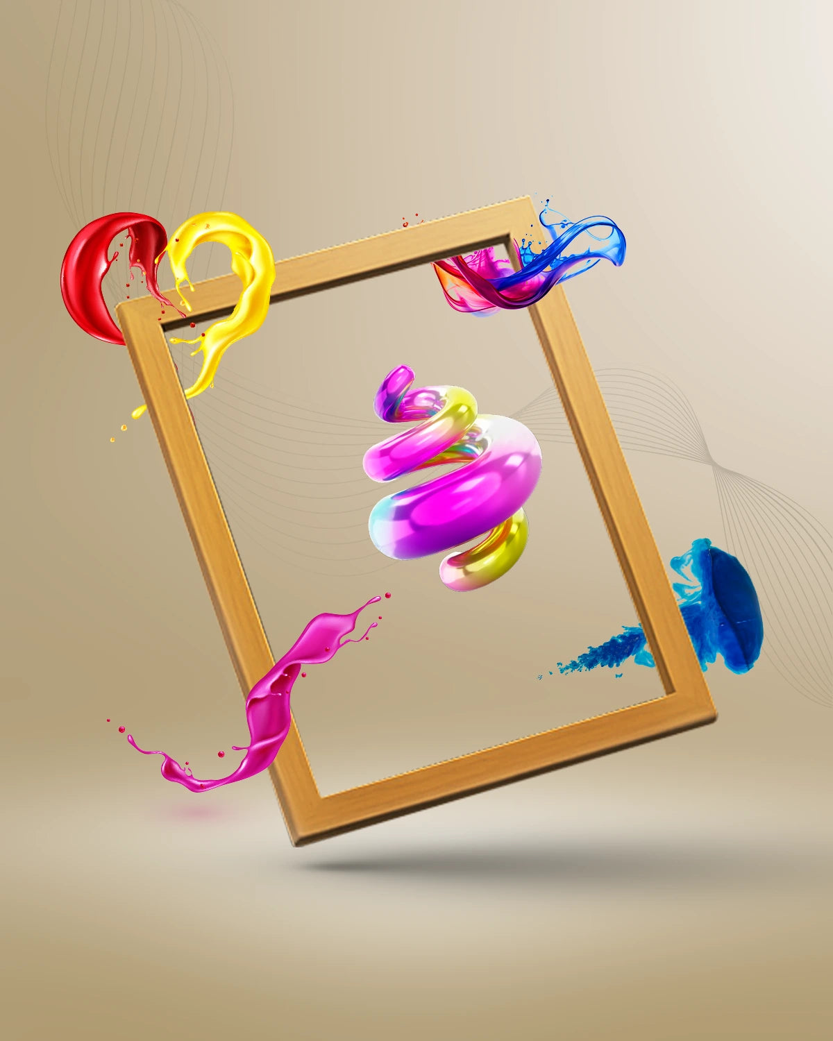 Colorful abstract shapes with a wooden frame on a beige background